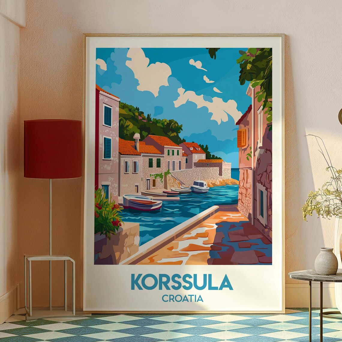 Korssula Croatia Colorful Waterfront Canal Boats Travel Poster - Image 2