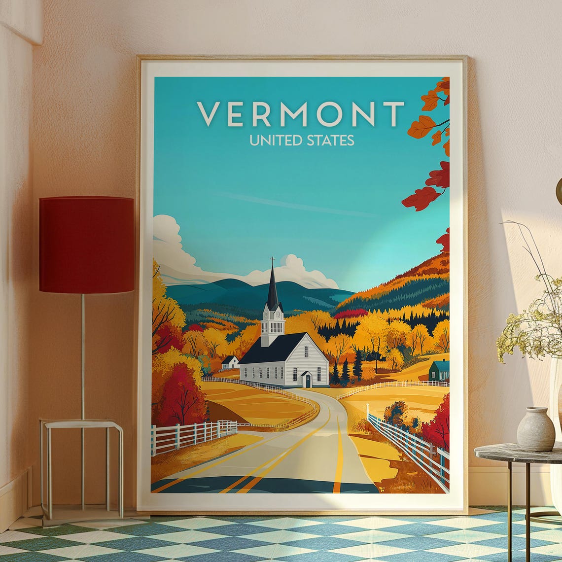 Vermont Fall Foliage White Church Country Road Vintage Poster - Image 2