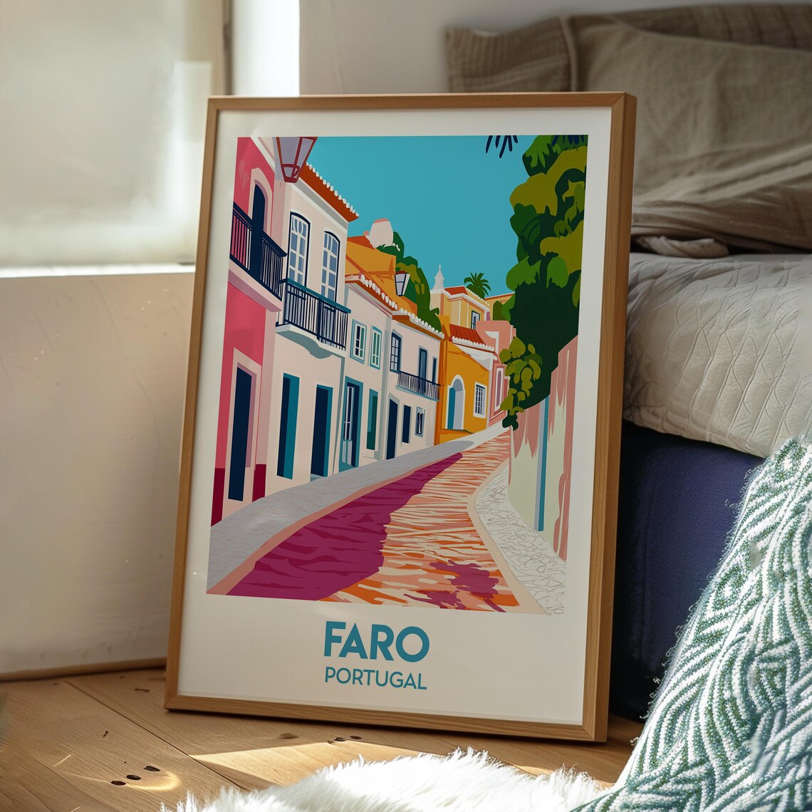 Faro Portugal Vintage Travel Poster Sunny Old Street Scene Art - Image 3