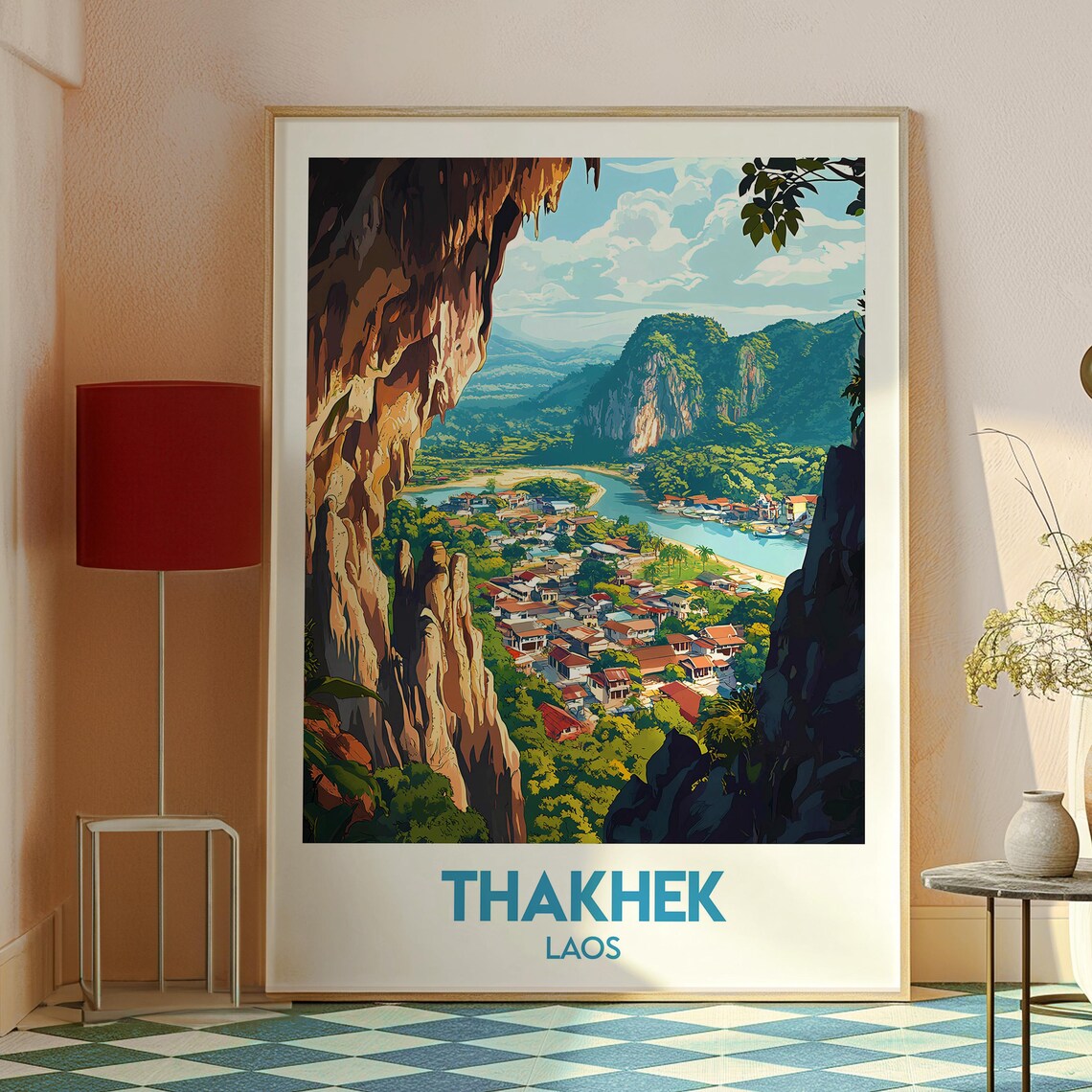 Thakhek Laos Karst Cliff River Town Vista Vintage Travel Poster - Image 2