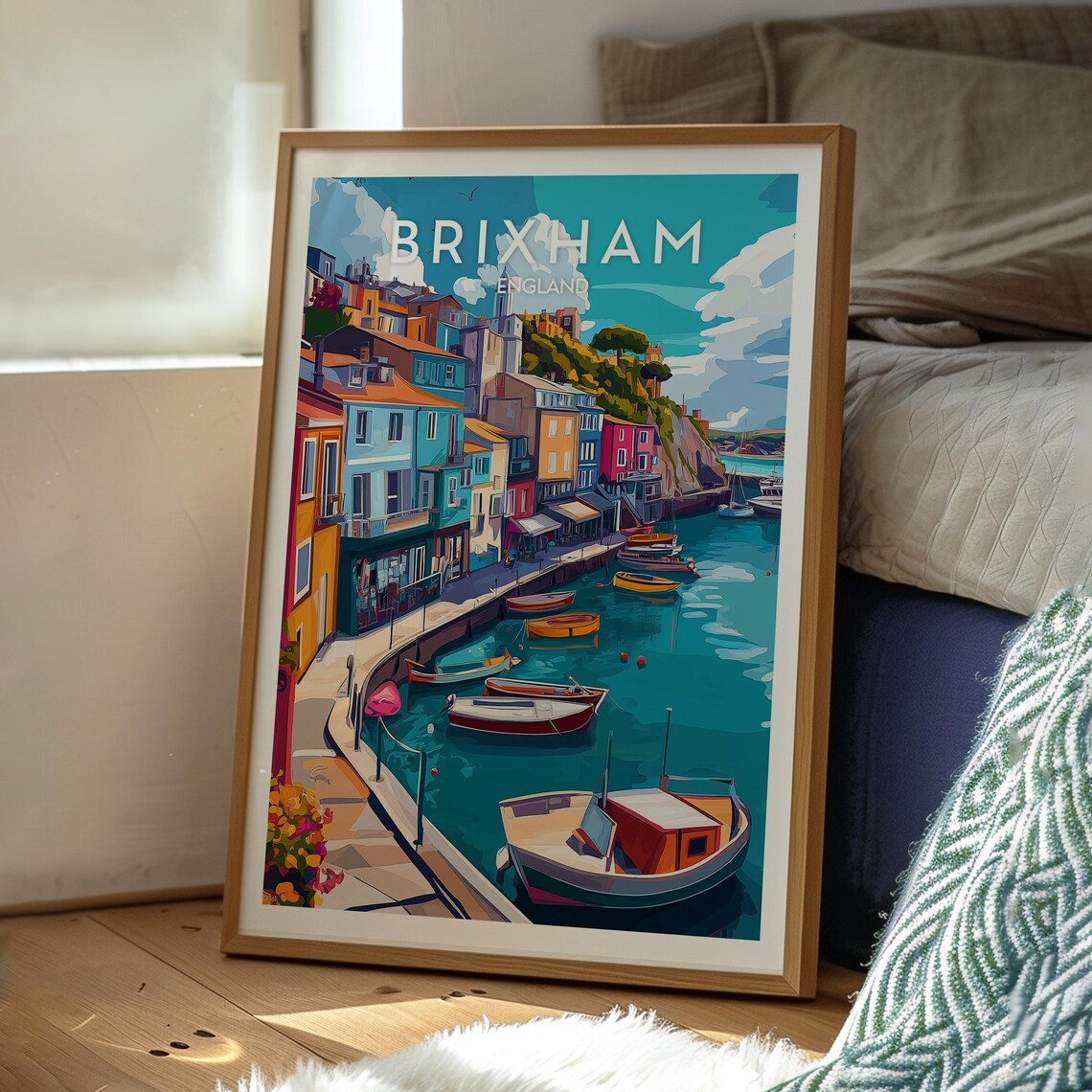 Brixham England Harbor Rowboats Colorful Coastal Travel Poster - Image 3