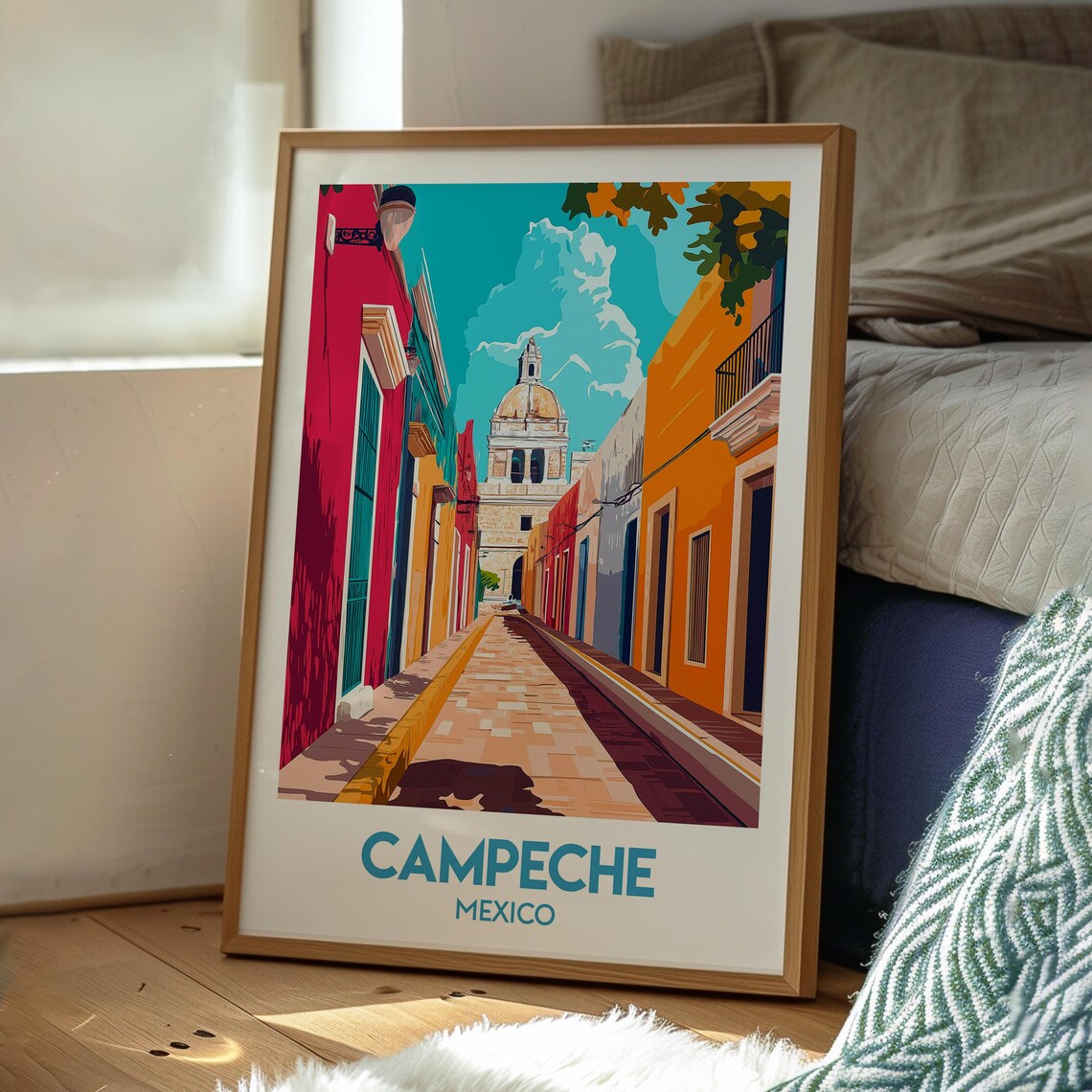 Campeche Mexico Colorful Colonial Street Church Travel Poster - Image 3