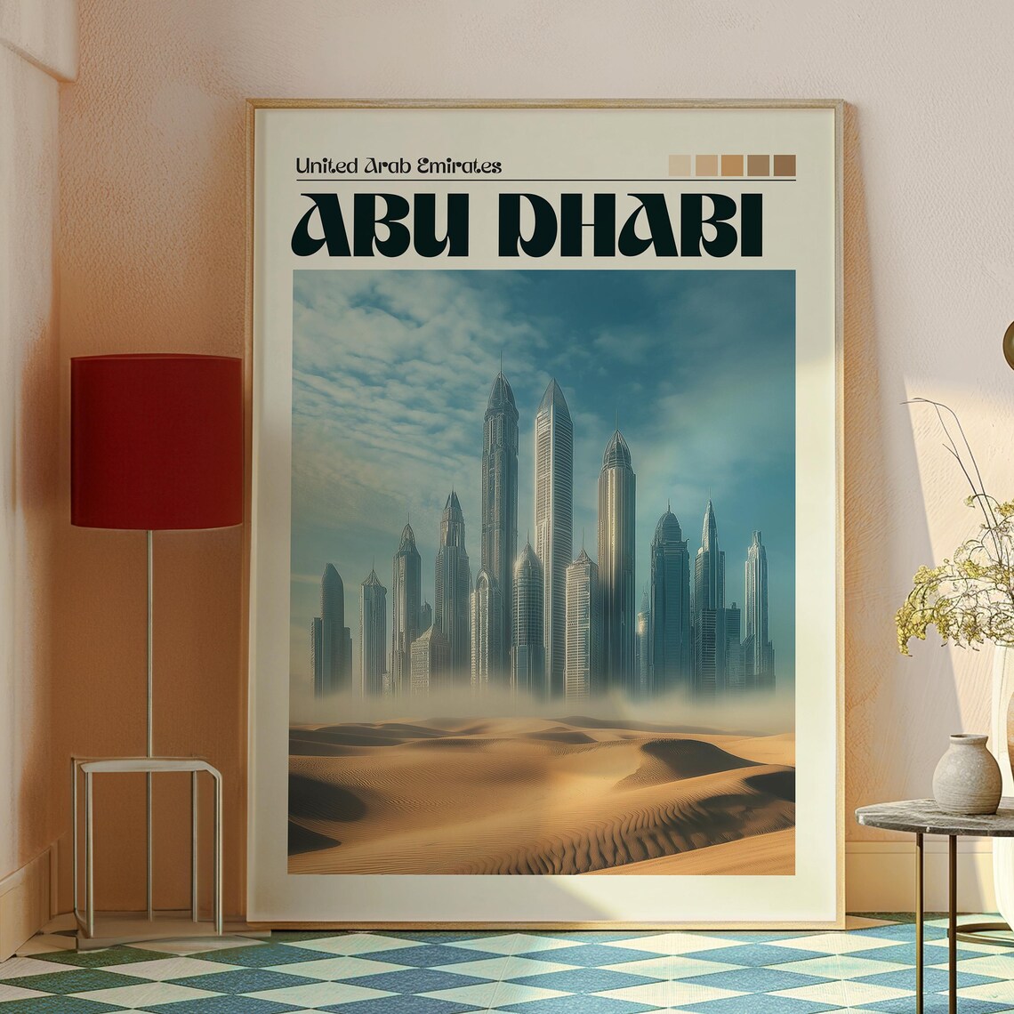 Abu Dhabi United Arab Emirates Skyline Desert Sunset Retro Art Poster - Image 2