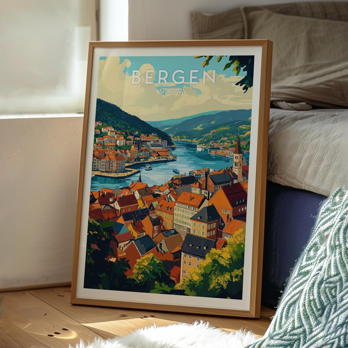 Bergen Norway Harbor City Fjord Vintage Style Travel Poster Art - Image 3
