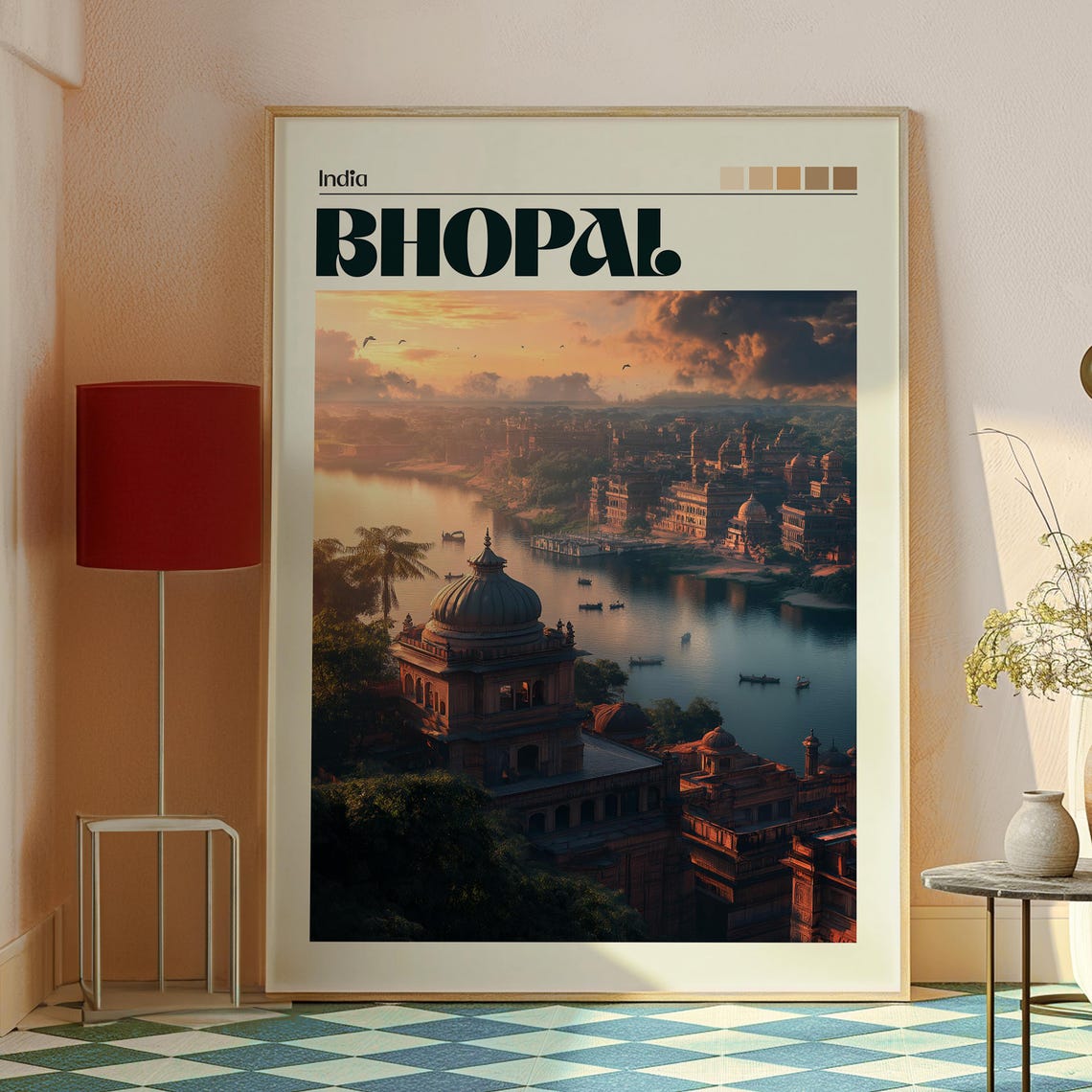 Bhopal India Lake Sunset Domed Palace View Scene Travel Poster - Image 2