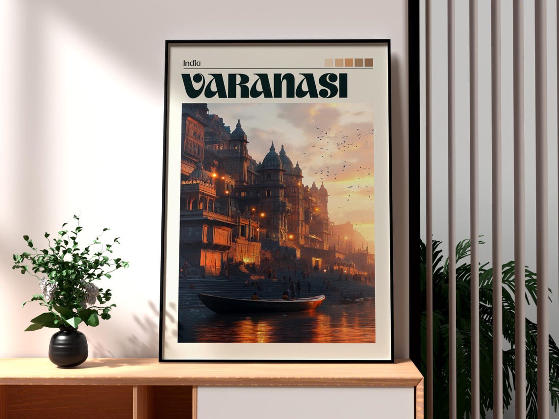 Varanasi India Ganges Ghats Sunset Boat River Scene Travel Poster
