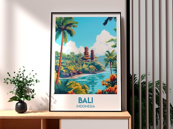 Bali Indonesia Temple Beach Tropical Island Vintage Travel Poster