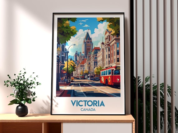 Victoria Canada Historic Streetcar Red Trolley Old Town Scene Travel Poster