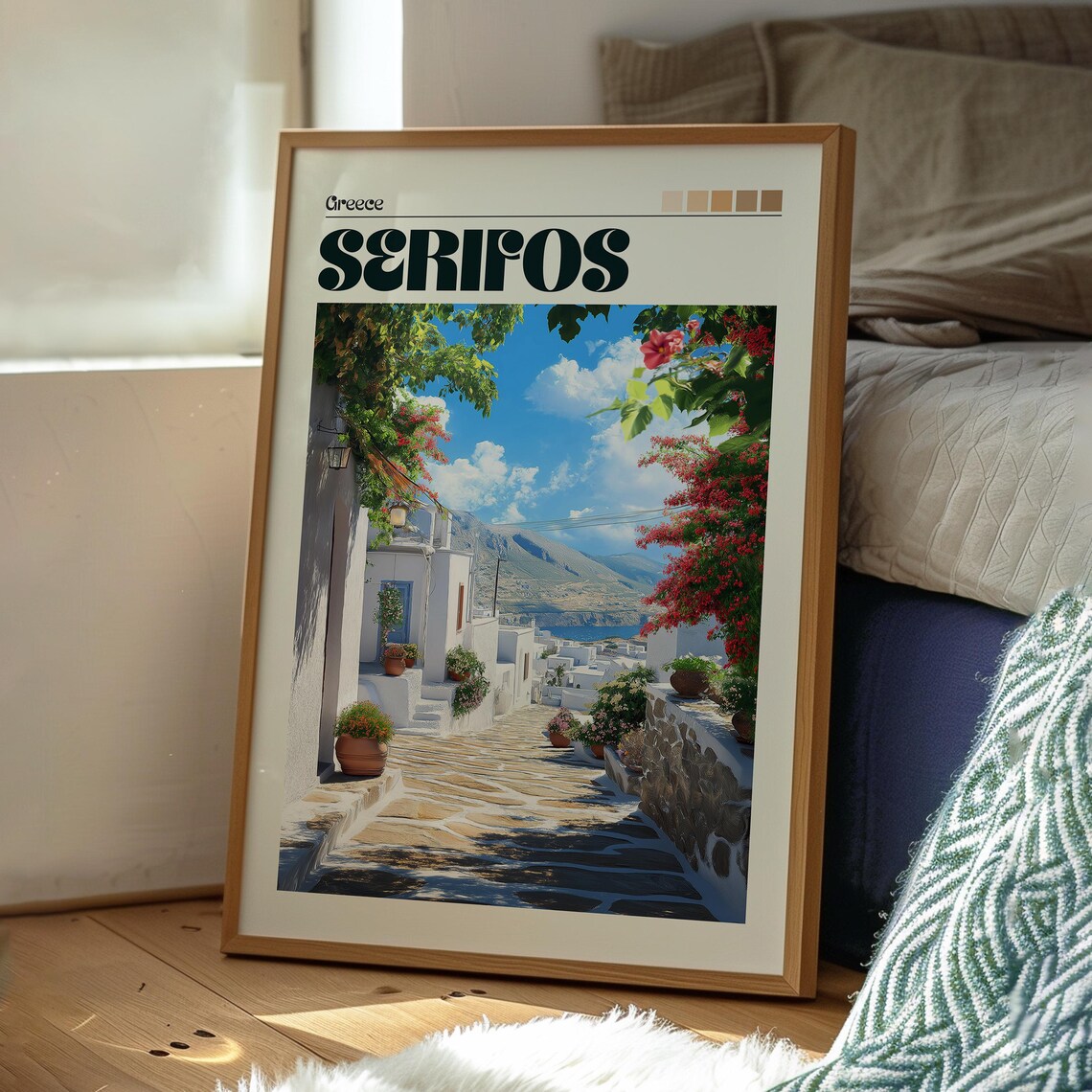 Serifos Greece Whitewashed Lane Bougainvillea Vintage Travel Poster - Image 3