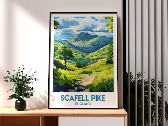 Scafell Pike England Green Valley Hiking Trail Retro Travel Poster