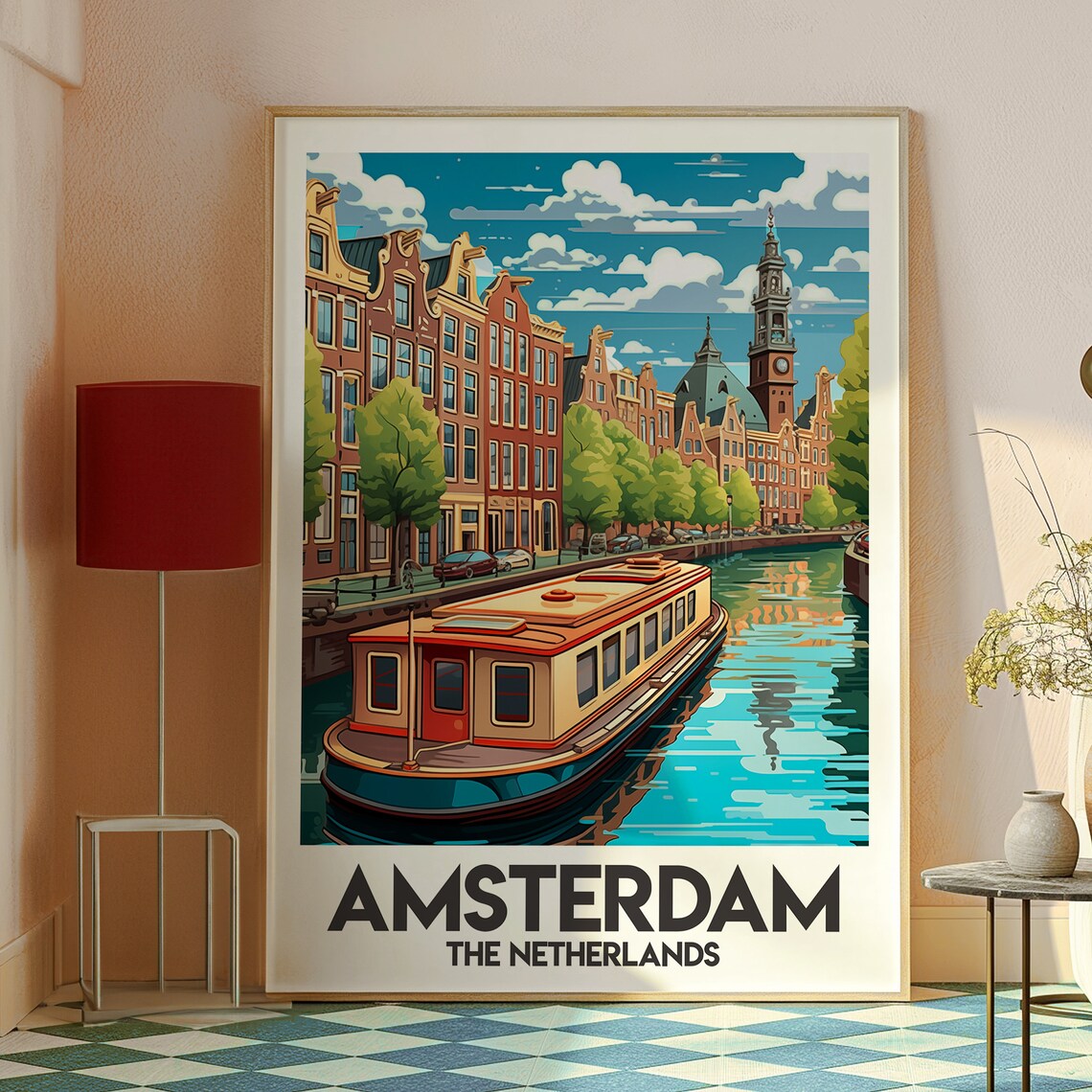 Amsterdam Netherlands Canal Boat and Historic Canal Houses Poster - Image 2