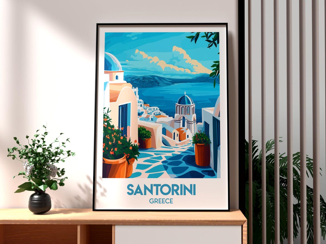 Santorini Greece White Village Blue Domes Caldera Travel Poster - Image 3