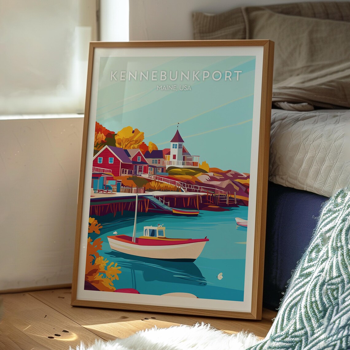 Kennebunkport Maine USA Harbor Boat Autumn Illustration Poster - Image 3
