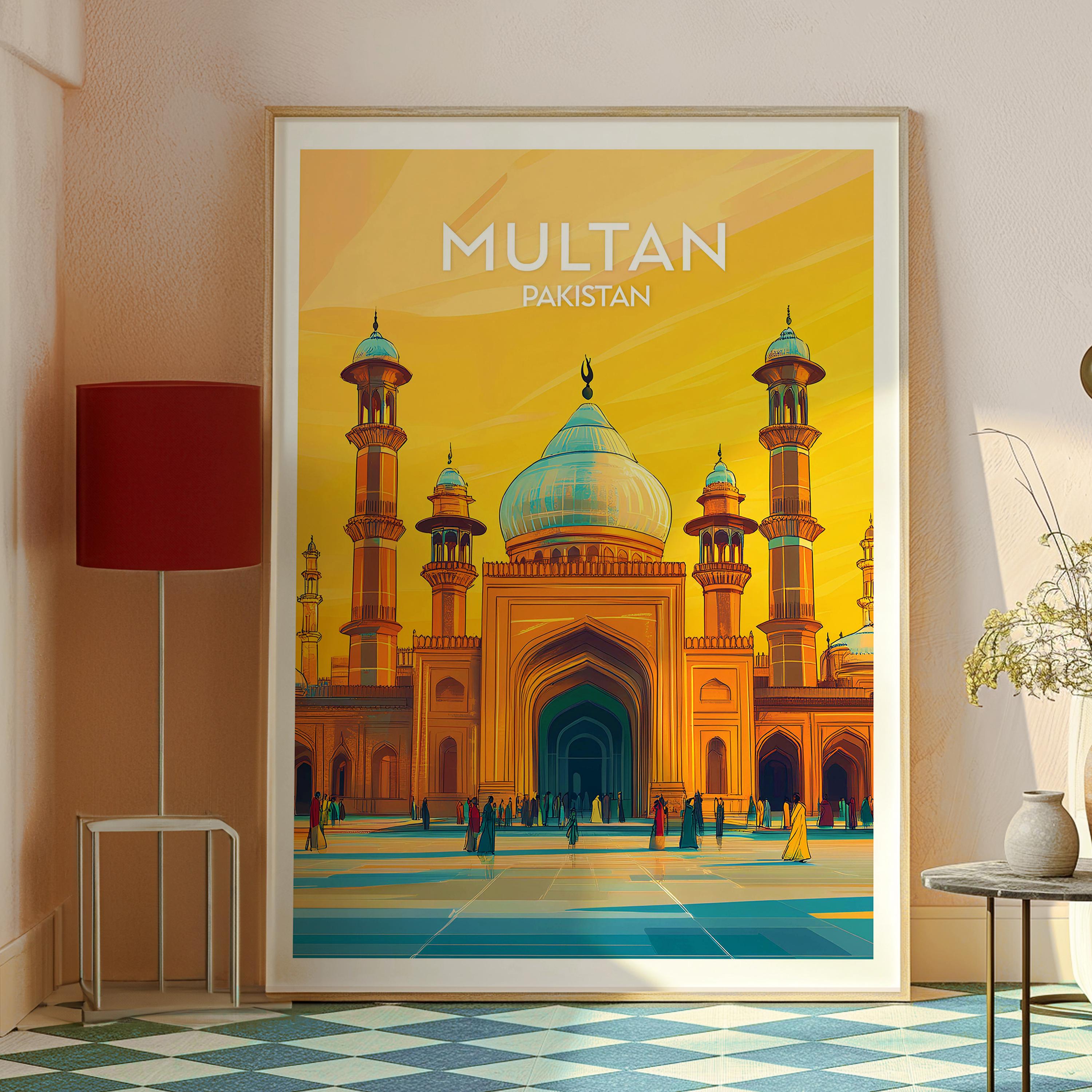 Multan Pakistan Historic Mosque Golden Sunset Retro Travel Poster - Image 2