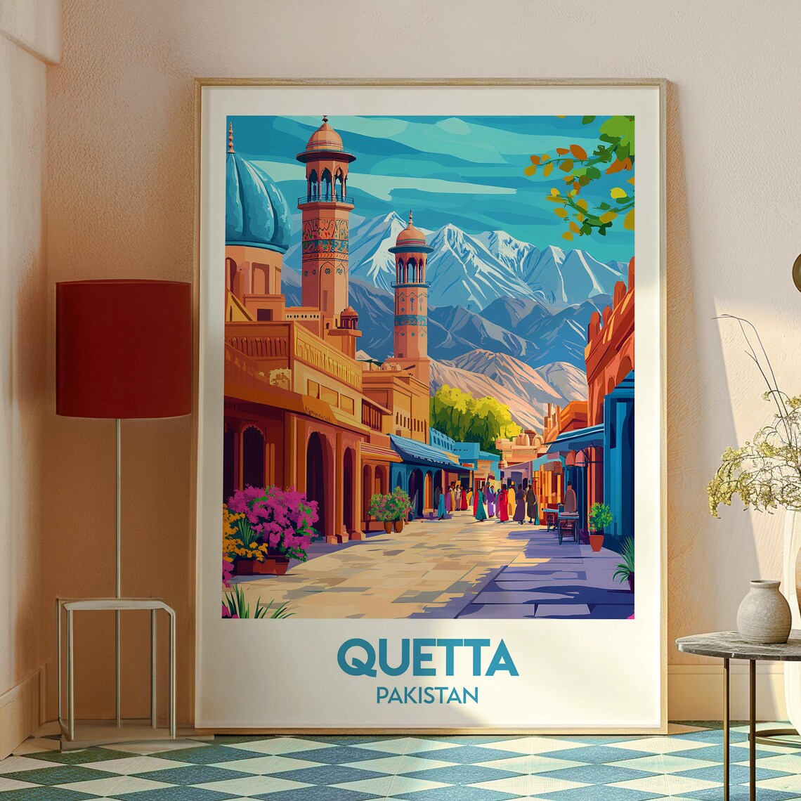 Quetta Pakistan Mosque Street Snowy Mountains Retro Travel Poster - Image 2
