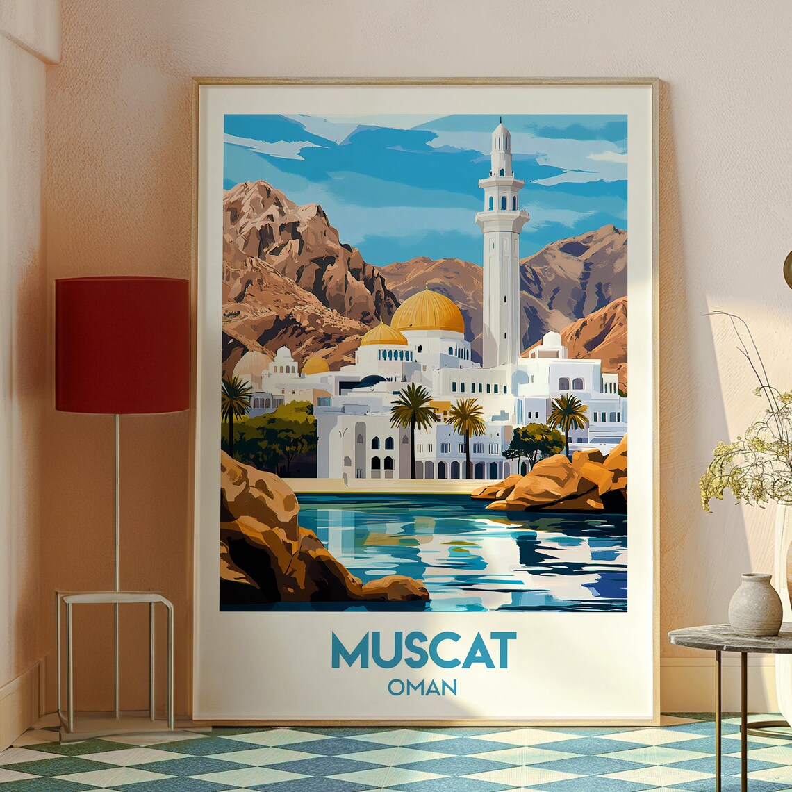 Muscat Oman Mosque Golden Domes Waterfront Mountains Travel Poster - Image 2