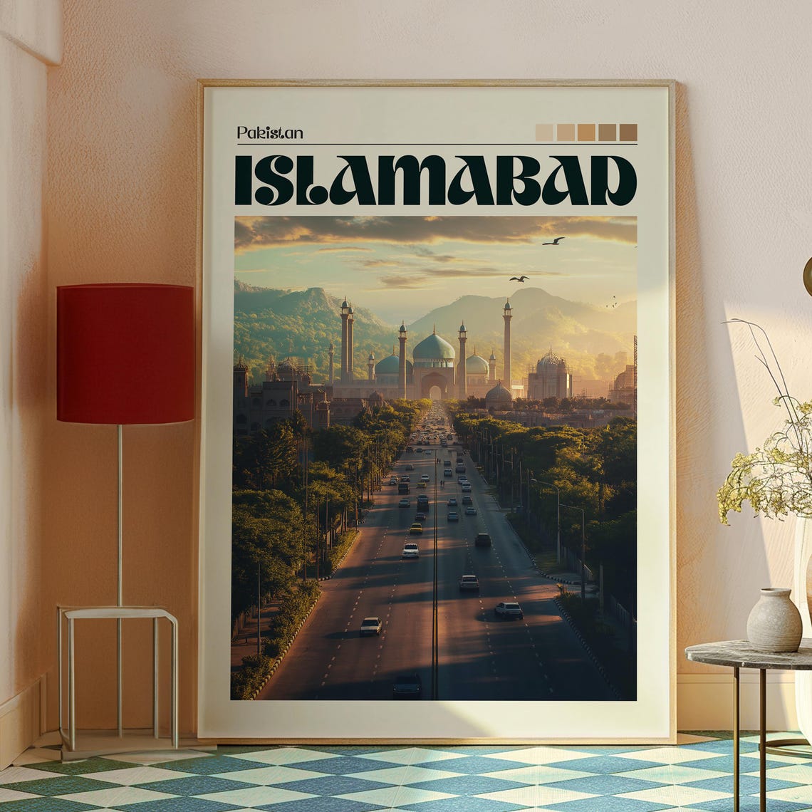 Islamabad Pakistan Mosque Boulevard Sunset Skyline Travel Poster - Image 2