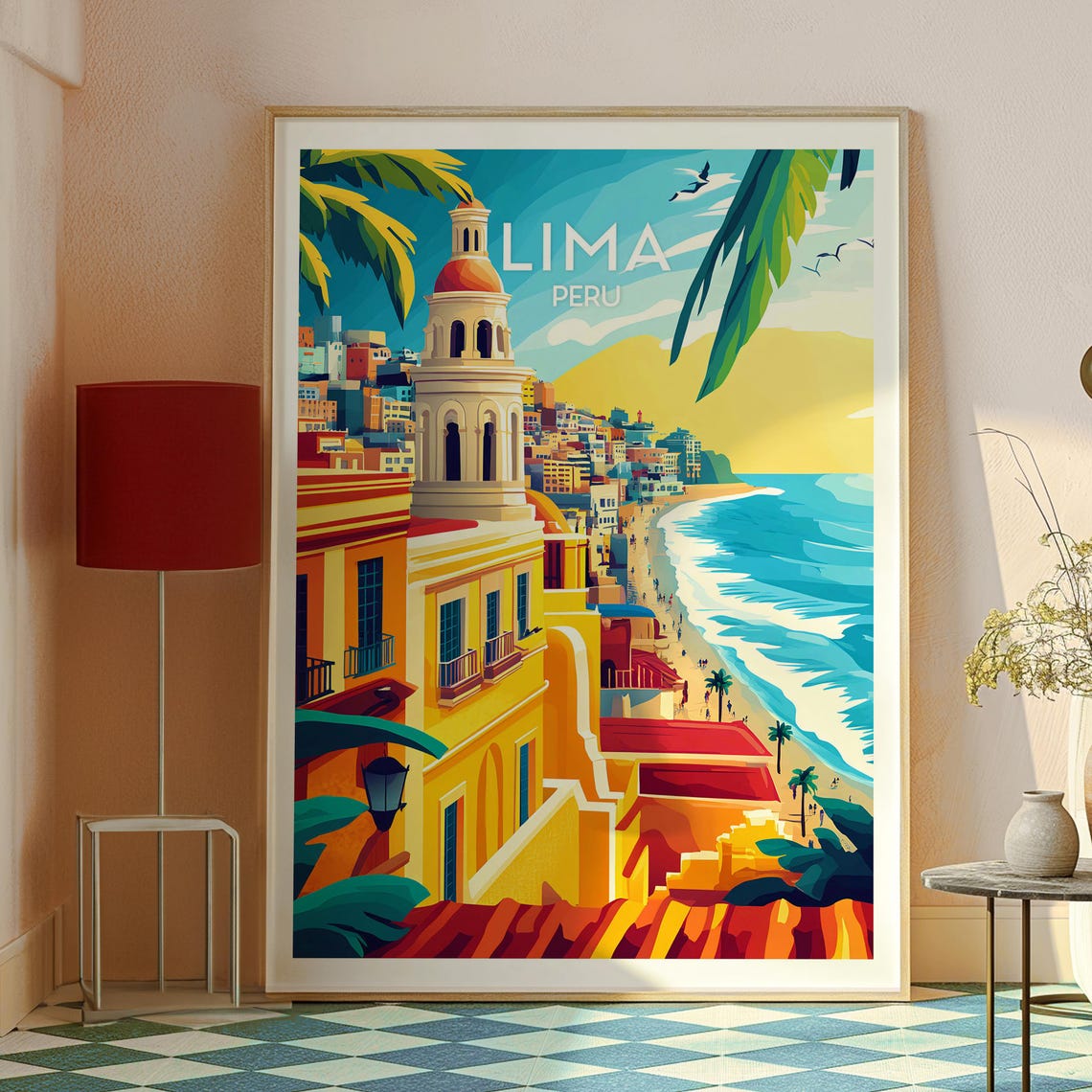 Lima Peru Coastal Cliffs Church Tower Beach Scene Travel Poster - Image 2