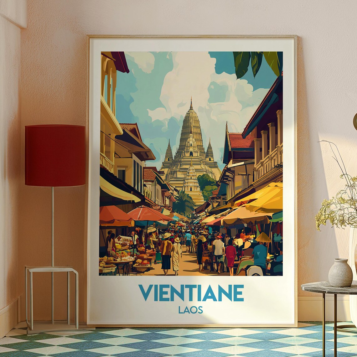 Vientiane Laos Golden Temple Street Market Scene Travel Poster - Image 2