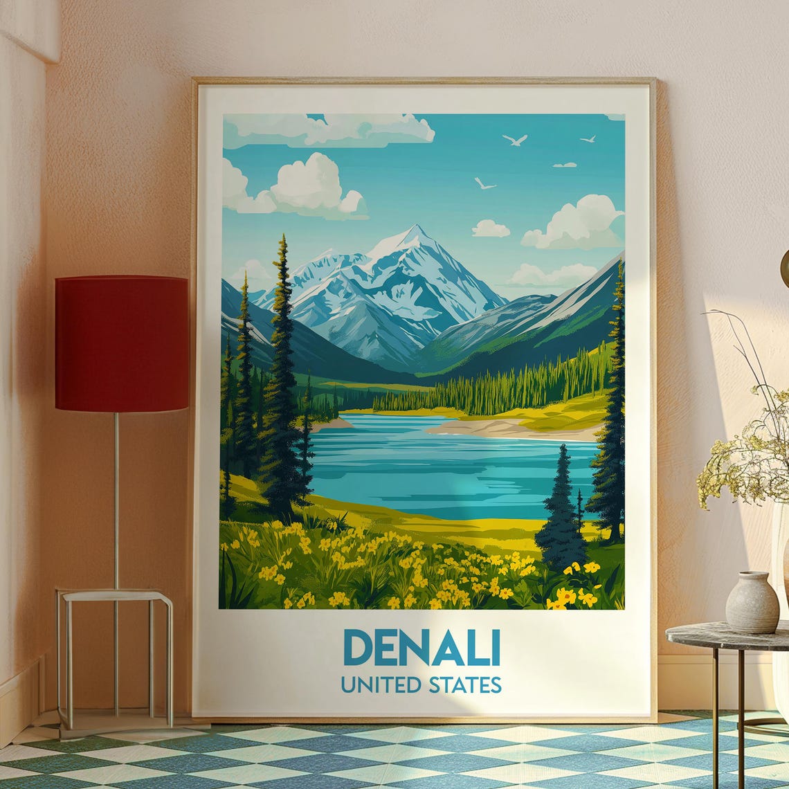 Denali Alaska Snow Capped Mountain Lake Wilderness Scene Art Poster - Image 2