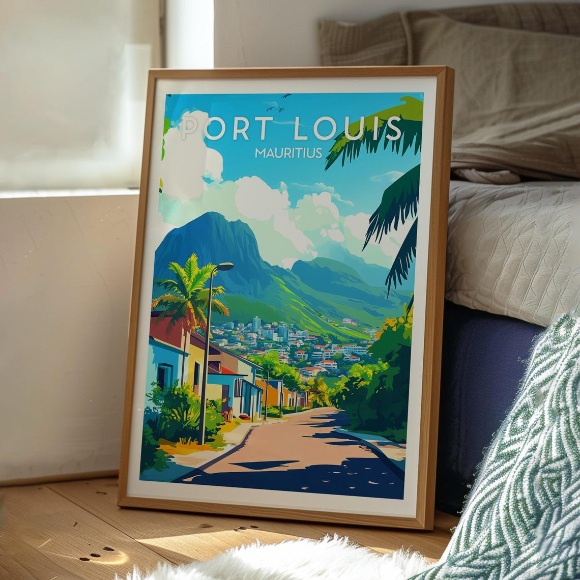 Port Louis Mauritius Mountain Backdrop Palm Street Travel Poster - Image 3