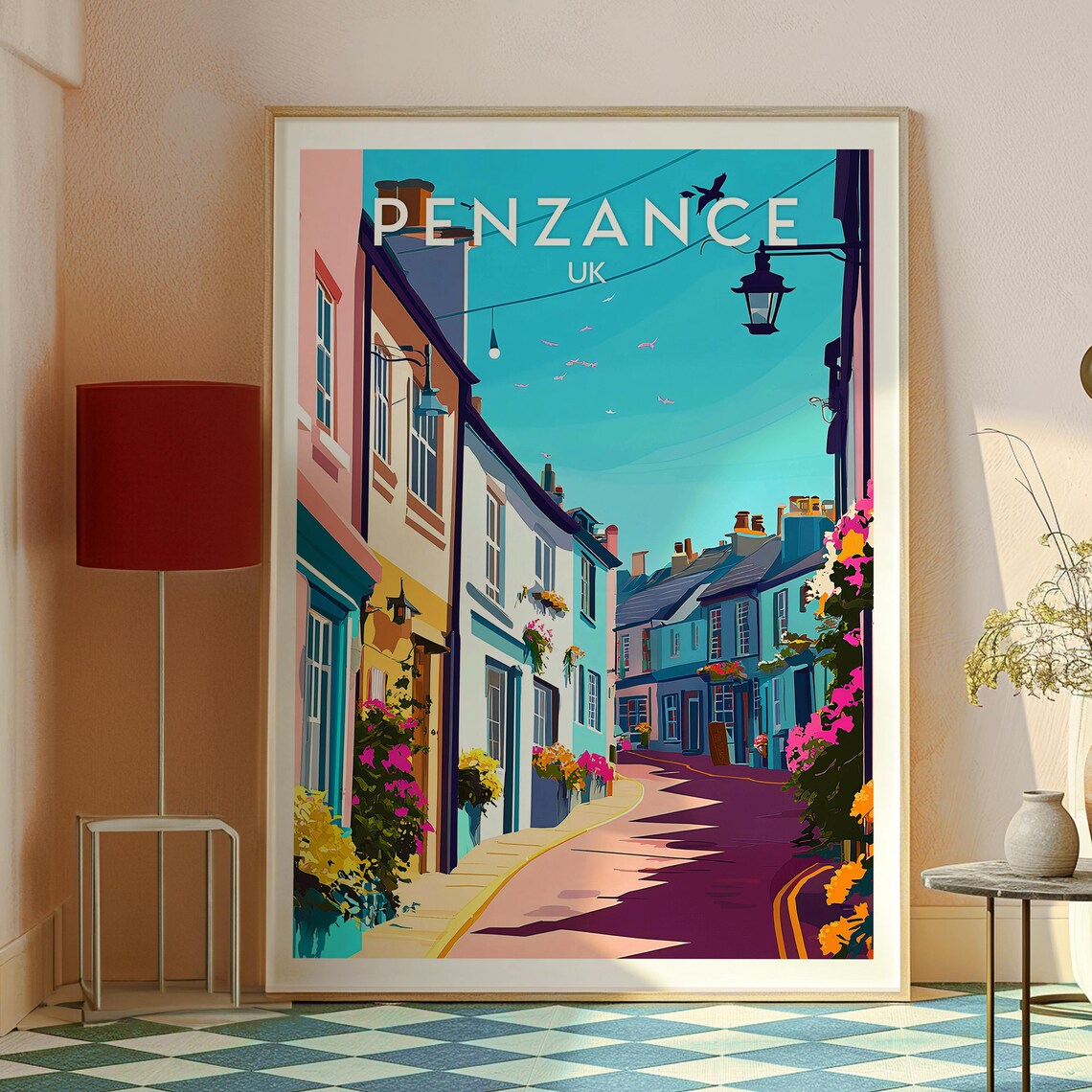 Penzance UK Flower Lined Coastal Street Cornish Town Travel Poster - Image 2