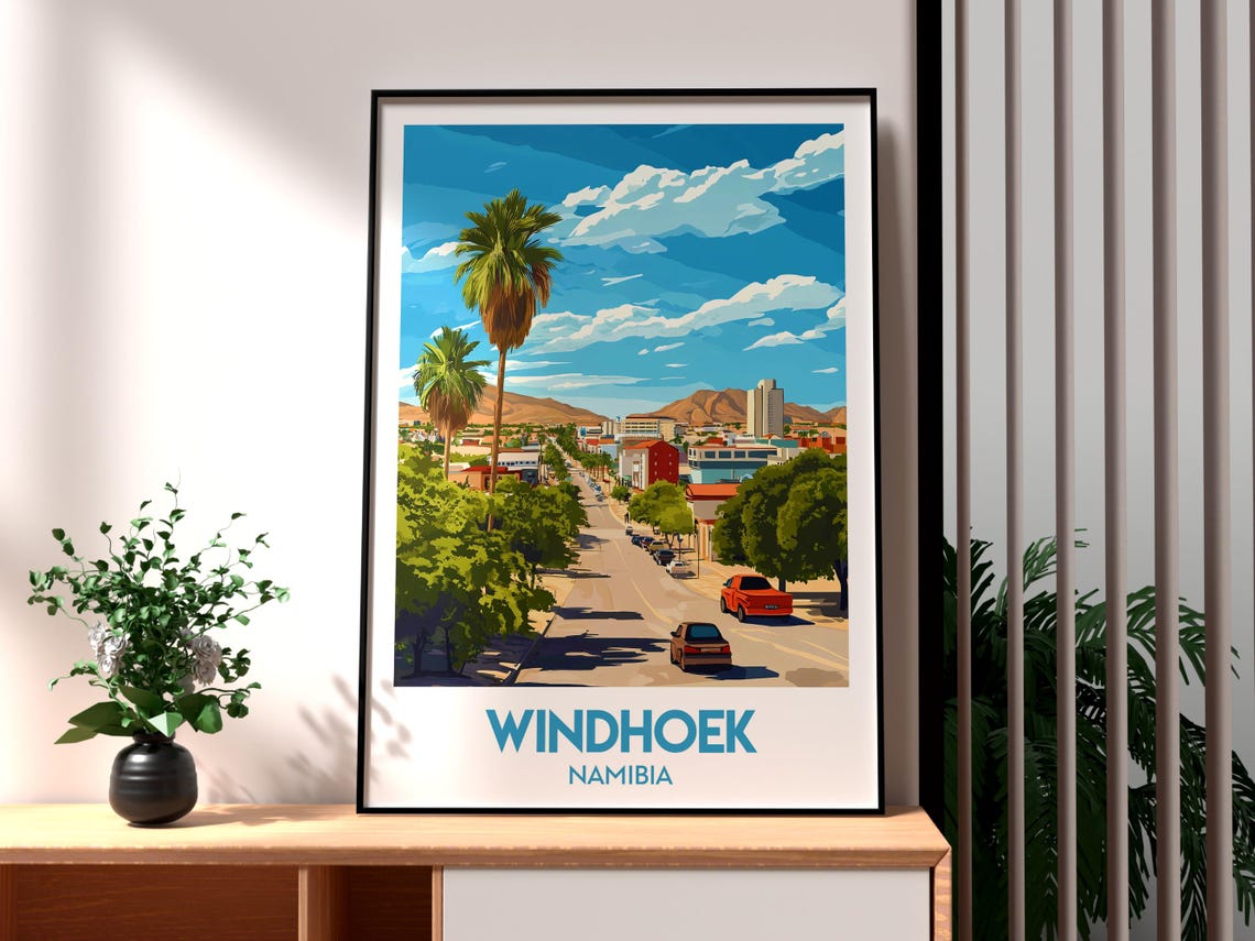 Windhoek Namibia City Street Palms Mountain Backdrop Travel Poster