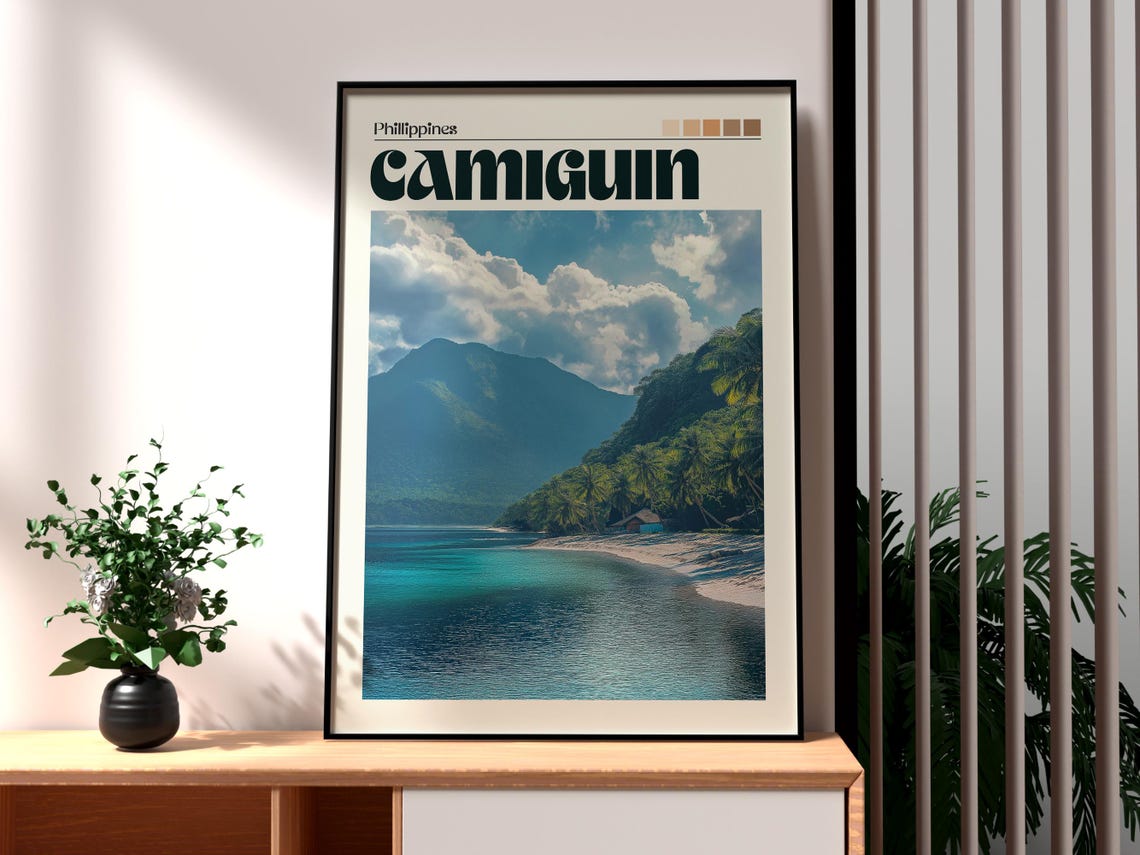 Camiguin Philippines Tropical Beach Volcano View Travel Poster