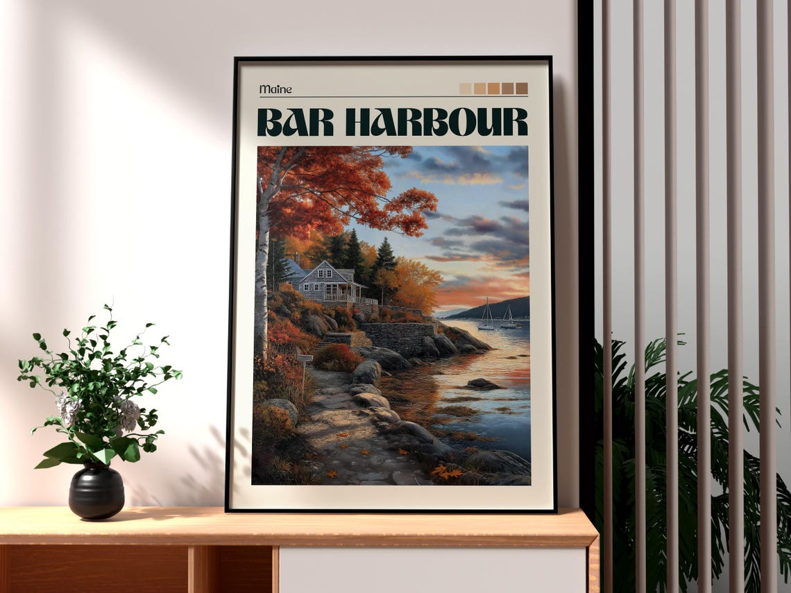 Bar Harbour Maine Autumn Coast Cottage and Sailboat Travel Poster