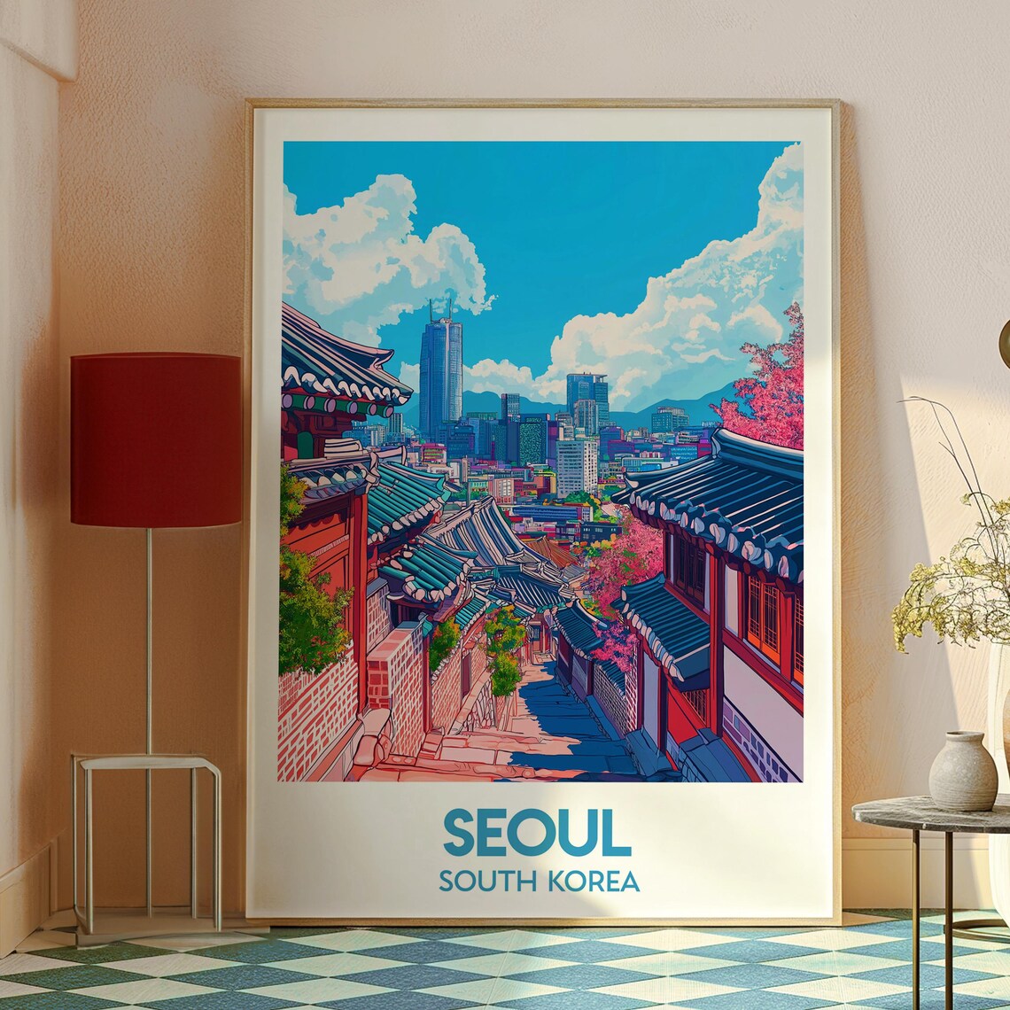 Seoul South Korea Traditional Hanok Street Skyline Travel Poster - Image 2