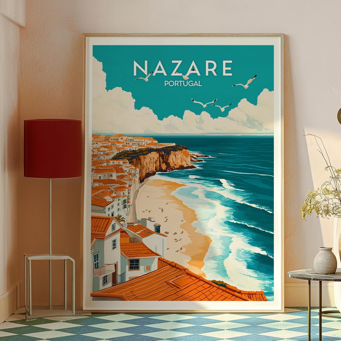 Nazare Portugal Cliff Top Town Big Wave Surf Beach Travel Poster - Image 2