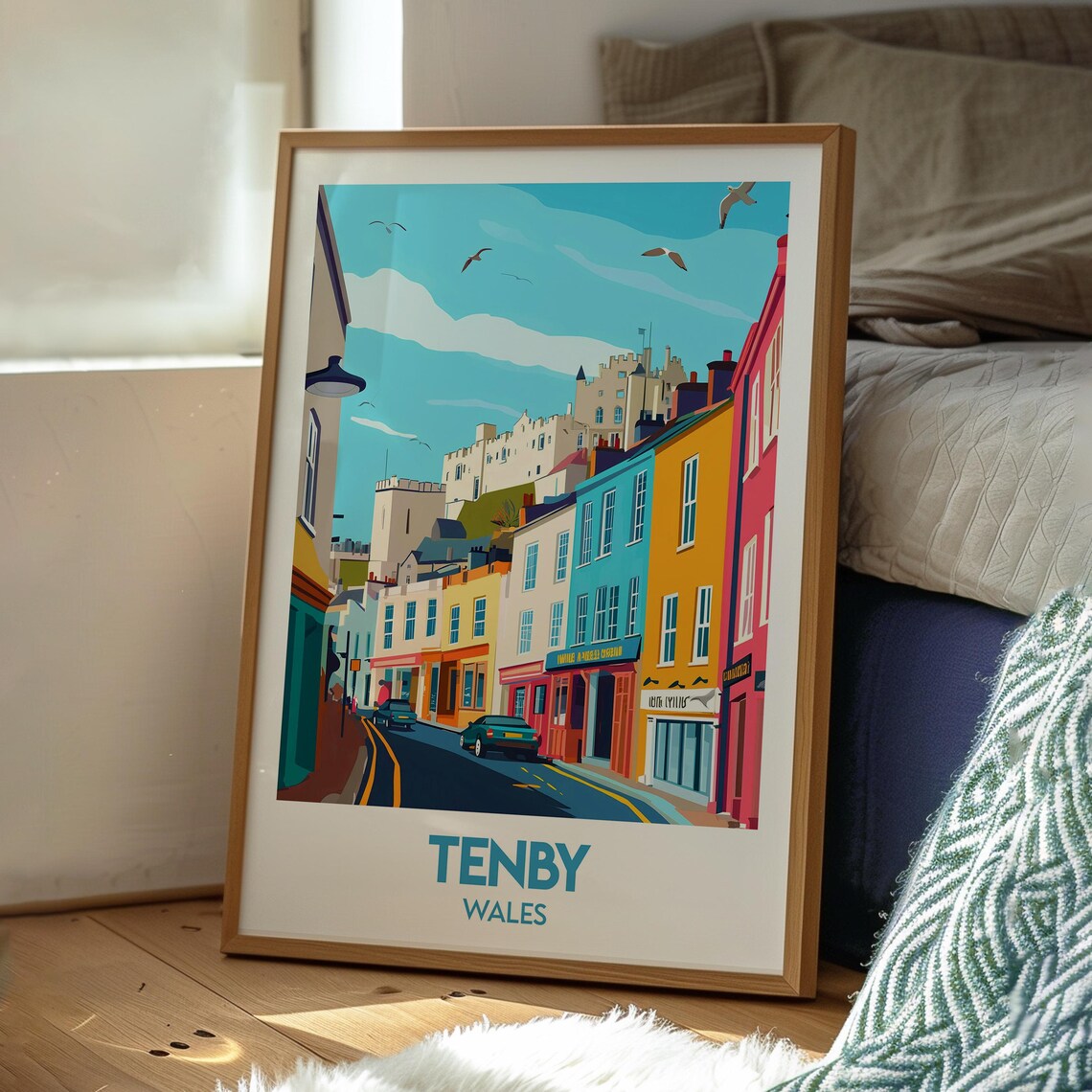 Tenby Wales Castle Colorful High Street Seaside Travel Poster - Image 3