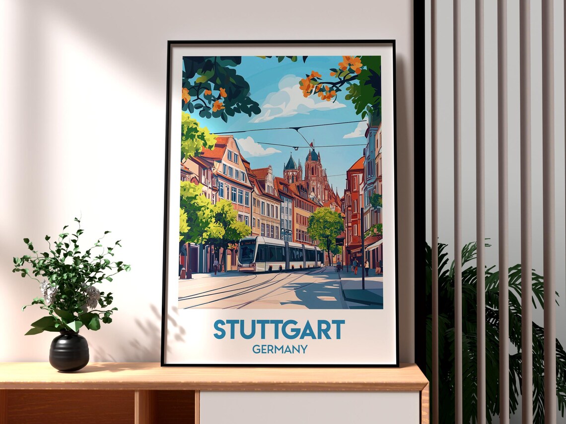 Stuttgart Germany Old Town Tram Retro Vintage Street Travel Poster