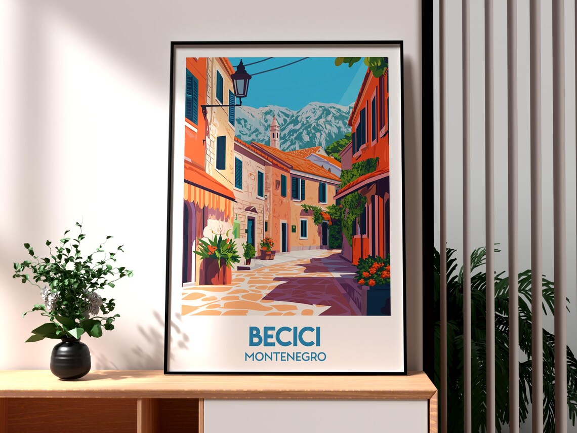 Becici Montenegro Old Town Street Mountain Vintage Travel Poster