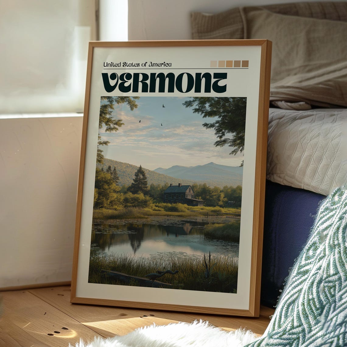Vermont USA Mountain Lake Cabin Green Hills Serene View Art Poster - Image 3