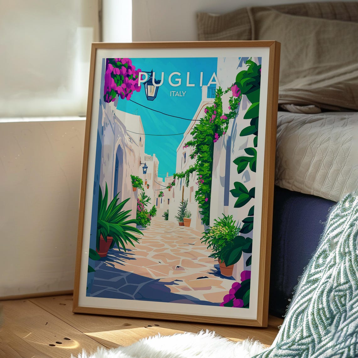 Puglia Italy Whitewashed Alley Bougainvillea Mediterranean Poster - Image 3
