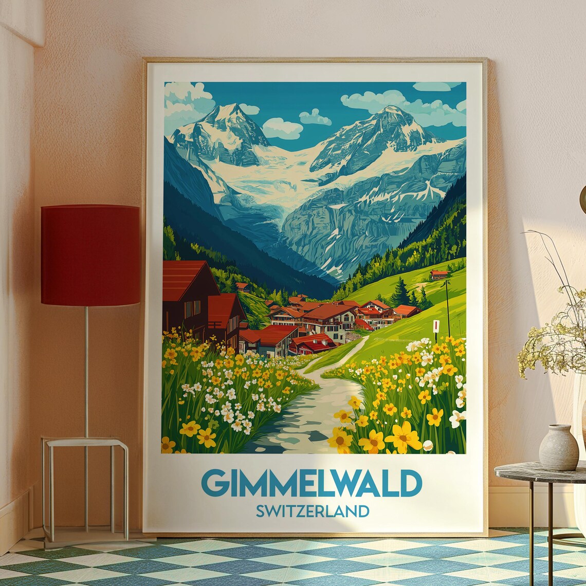 Gimmelwald Switzerland Alpine Village Snowy Peaks Meadow Travel Poster - Image 2
