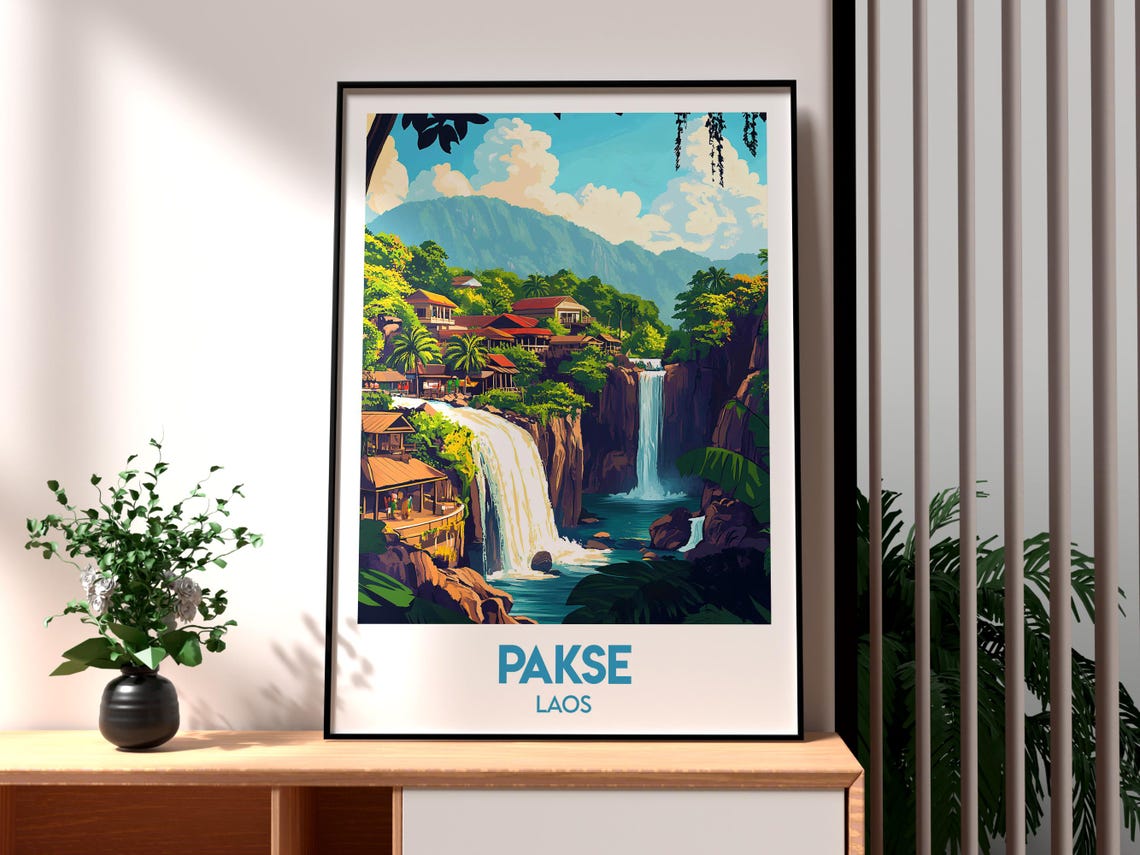 Pakse Laos Twin Waterfall River Village Mountains Travel Poster