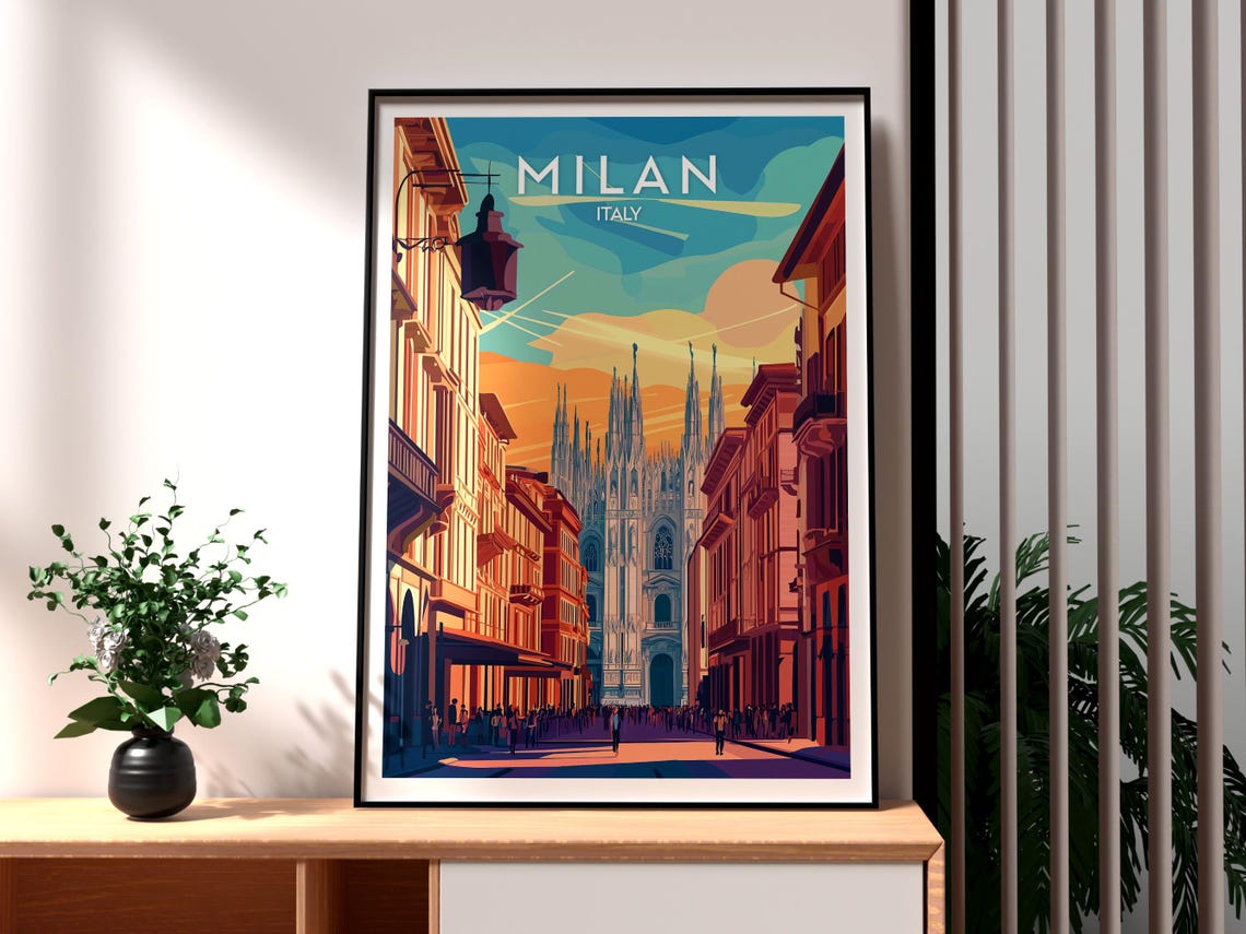 Milan Italy Duomo Cathedral Gothic Spires Sunset Travel Poster