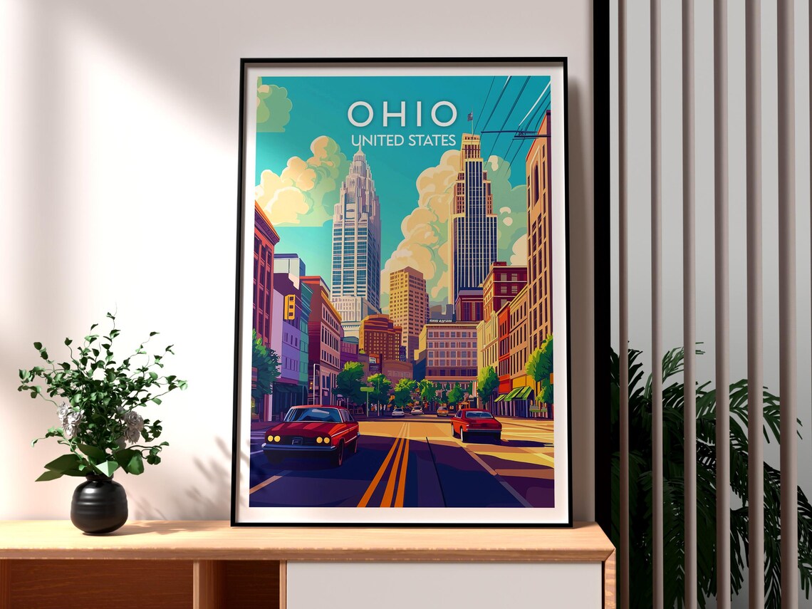 Ohio Downtown Classic Cars Wide City Street Skyline Scene Poster