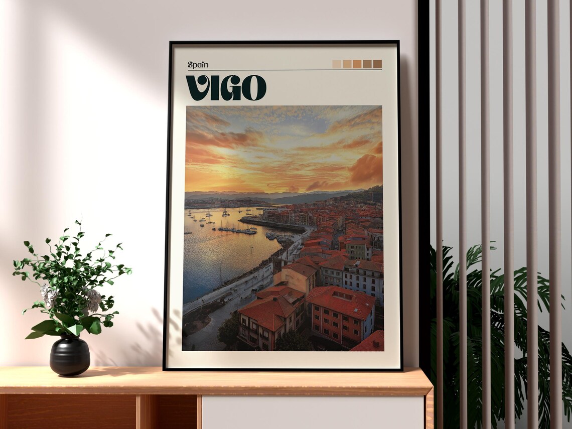 Vigo Spain Harbor Red Rooftops Sunset Sailboats Coast View Art Poster