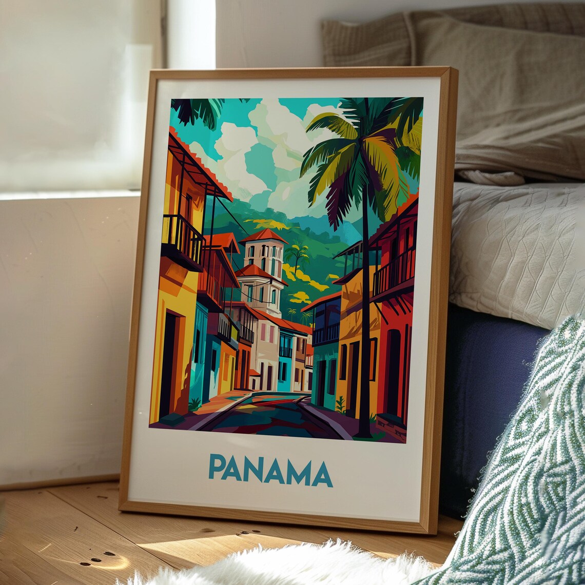 Panama Colorful Old Town Street Church Tower Tropical Travel Poster - Image 3