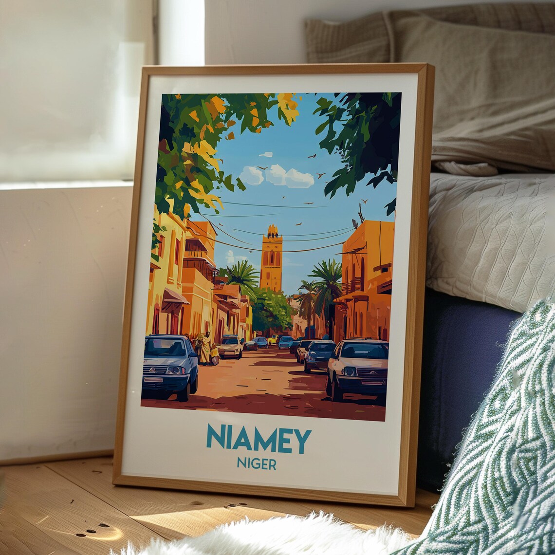 Niamey Niger Sunlit City Street Tall Minaret Retro Travel Poster - Image 3
