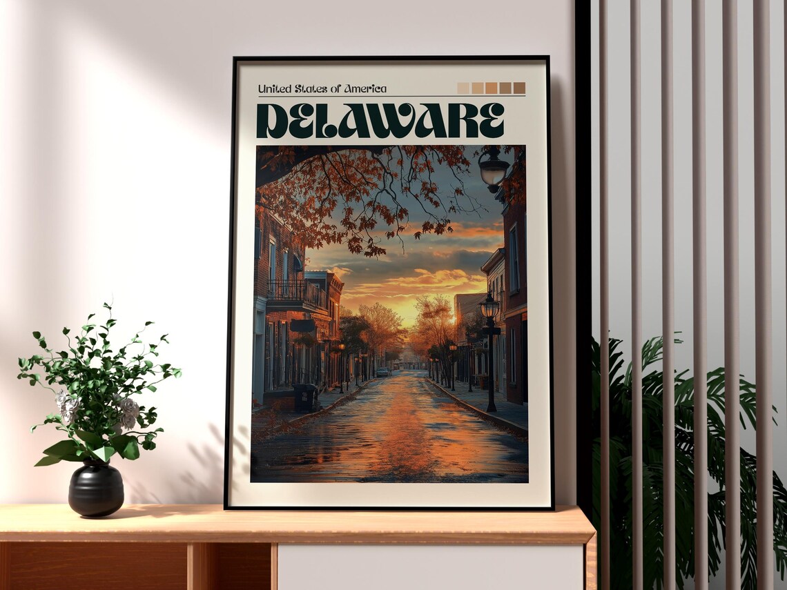 Delaware USA Autumn Small Town Street Fall Foliage Travel Poster