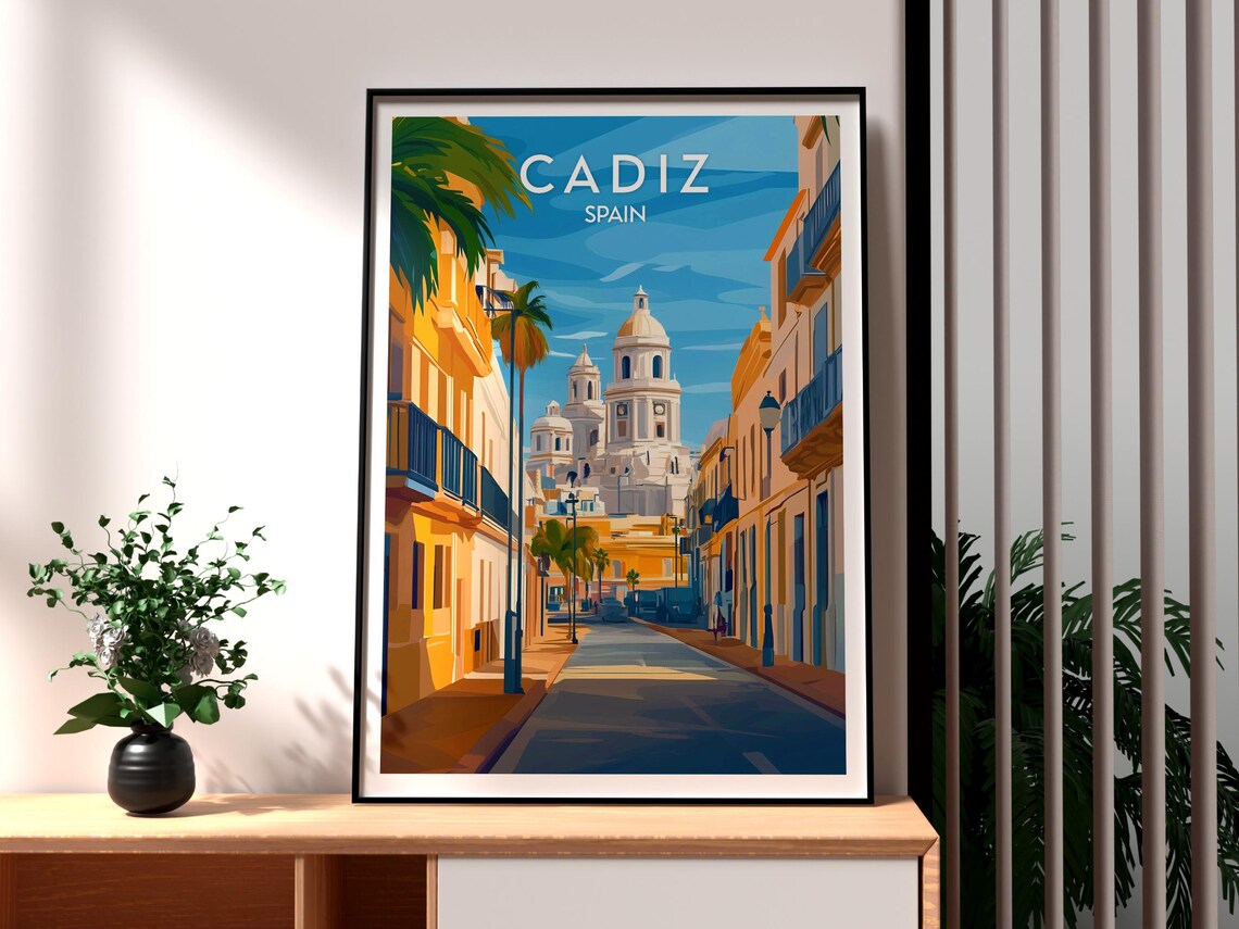 Cadiz Spain Cathedral Dome Old Town Street Palms Vintage Travel Poster