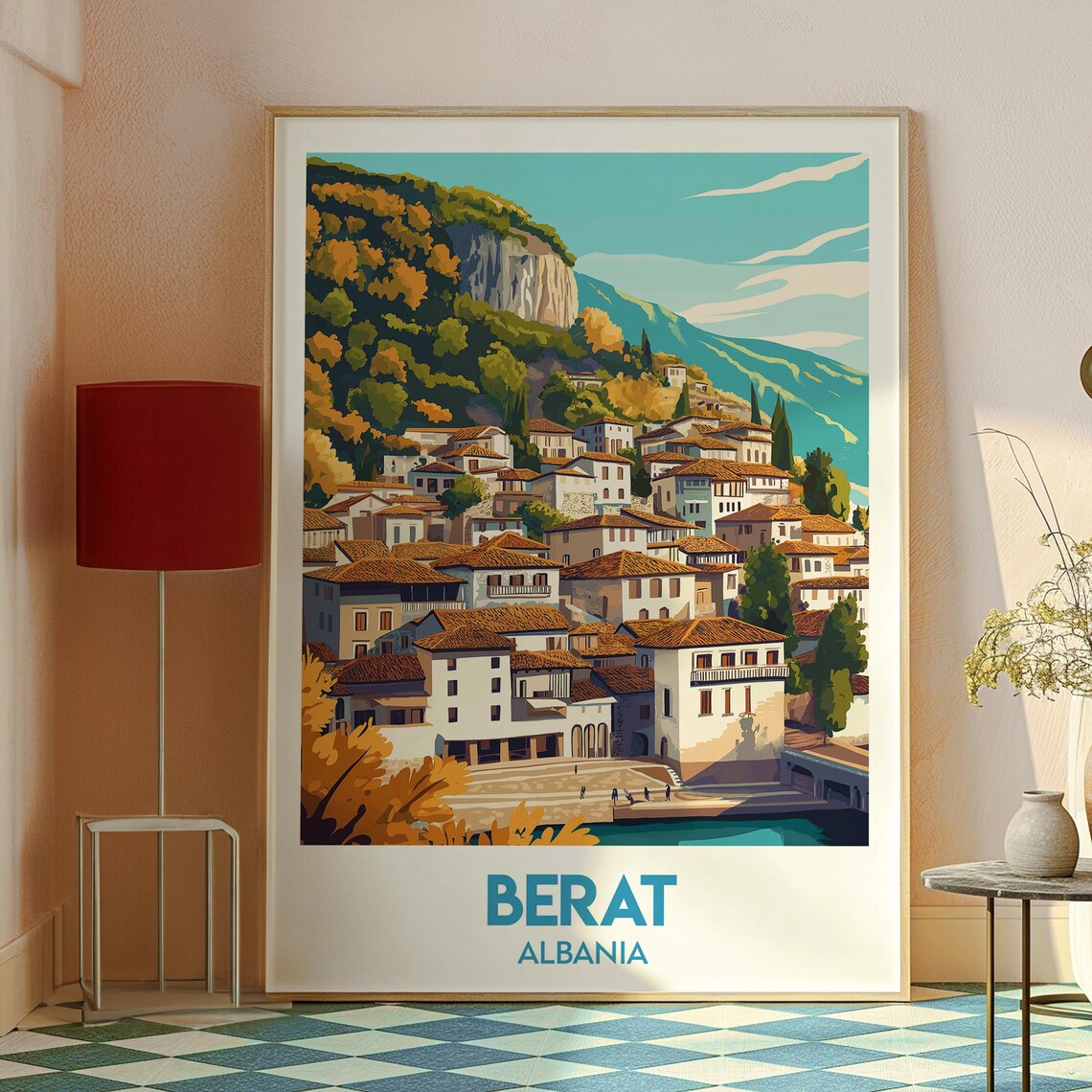 Berat Albania Historic Old Town Hillside Vintage Travel Poster - Image 2