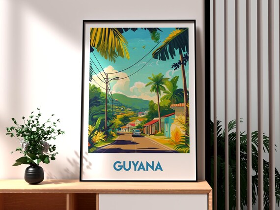 Guyana Tropical Road Lush Palms Village Scenery Travel Poster