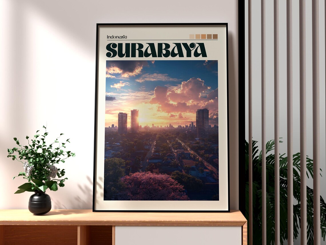 Surabaya Indonesia City Skyline Sunset Skyscrapers Urban Travel Poster