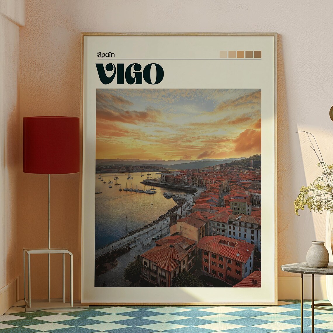 Vigo Spain Harbor Red Rooftops Sunset Sailboats Coast View Art Poster - Image 2
