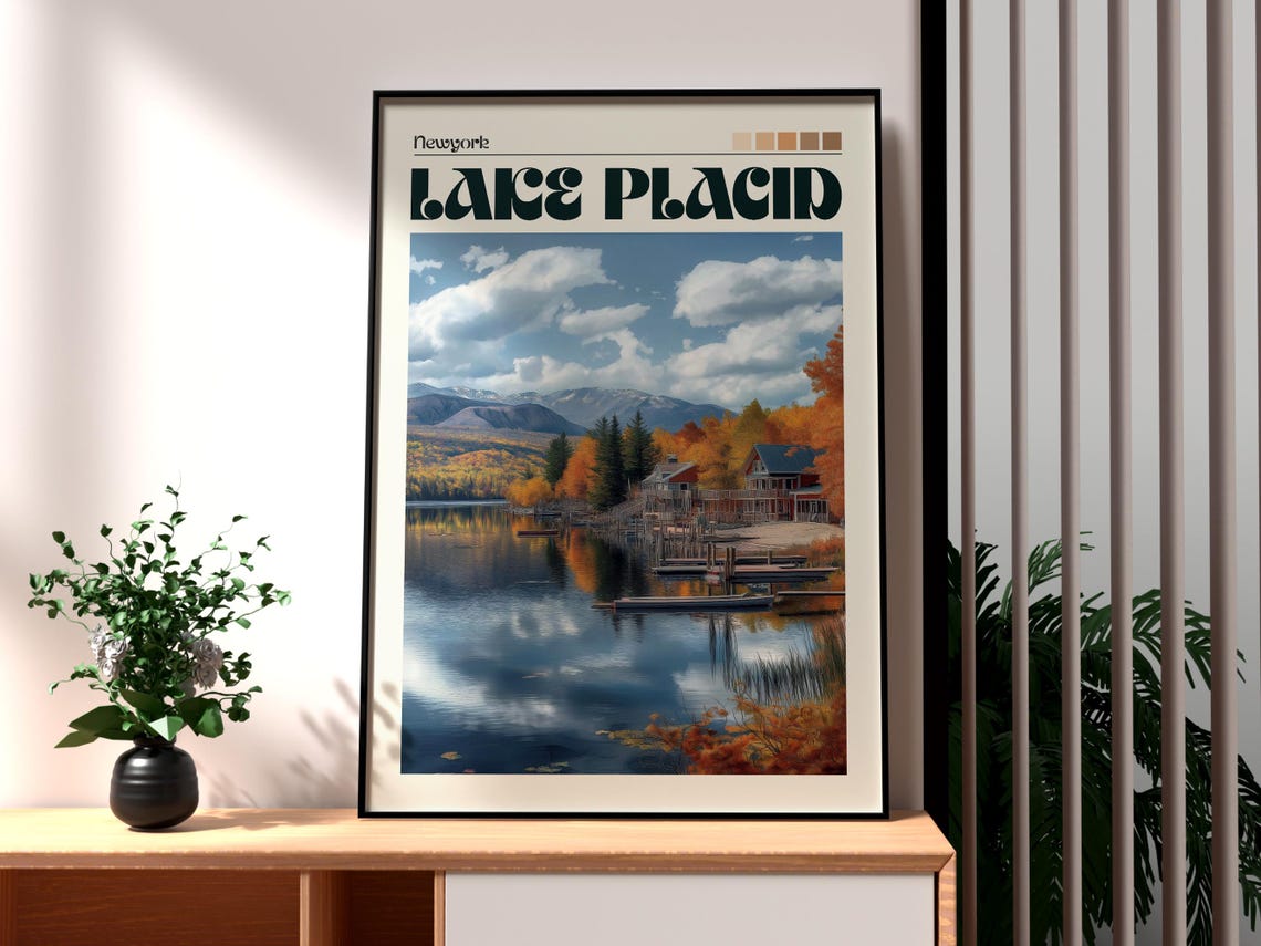 Lake Placid New York Autumn Fall Foliage Lakeside Cabins Poster